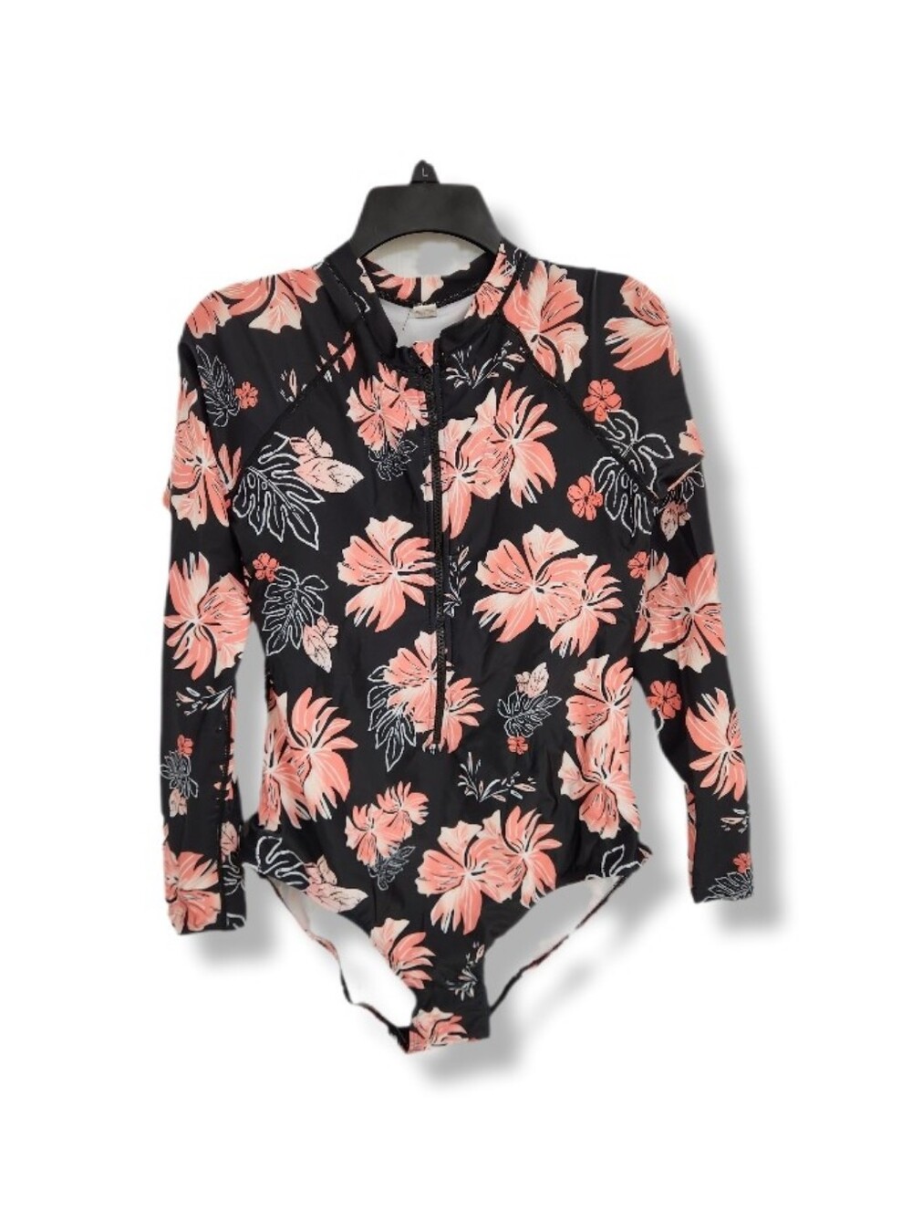 Long-Sleeve Floral One-Piece Swimsuit - Black with Pink Flowers NWOT - Picture 2 of 7